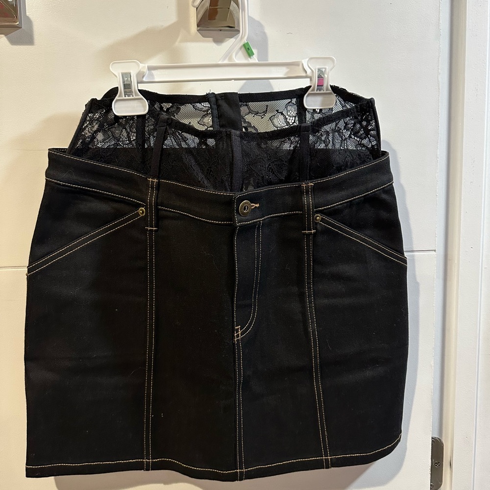 Fleur du Mal Black Mini Skirt with Built in Lace. Stretchy Jean fabric -